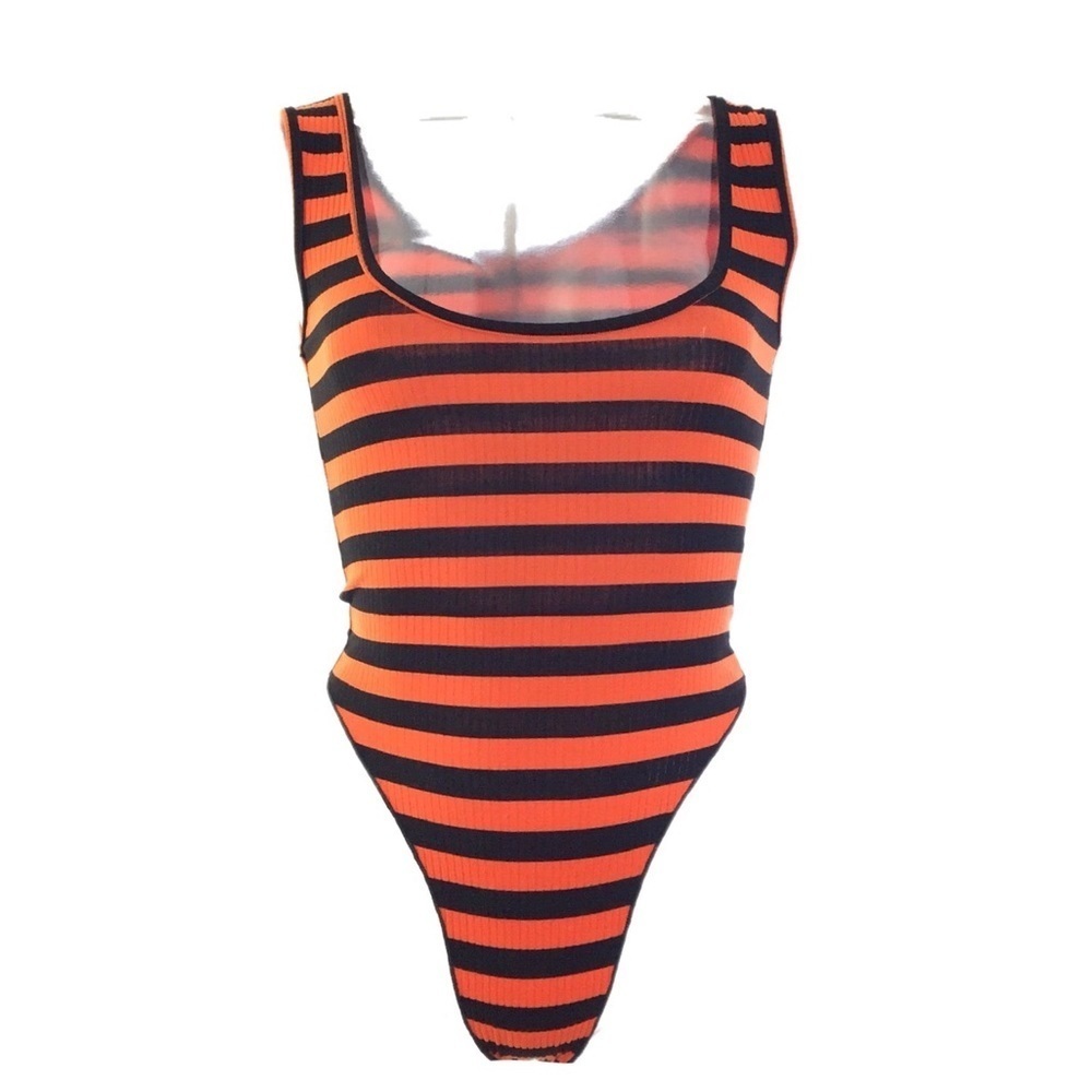 LF x Emma & Sam Orange Black Ribbed Striped Bodysuit S